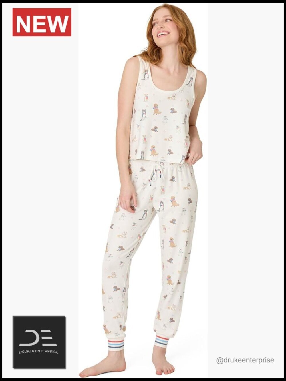 Ivory Dog Print Pajama Set - Women's PJ Set - Peachy Jersey - Tank & Jogger